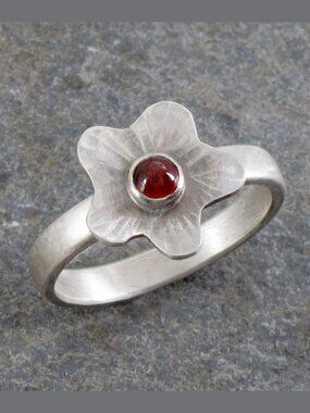 Sterling Silver 925 Flower Ring with Garnet, Size 8 3/4, Artisan Made